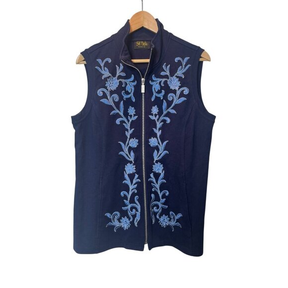 Bob Mackie Navy Blue Zip-Up Vest with Blue Floral Embroidery Size Medium - Picture 1 of 2
